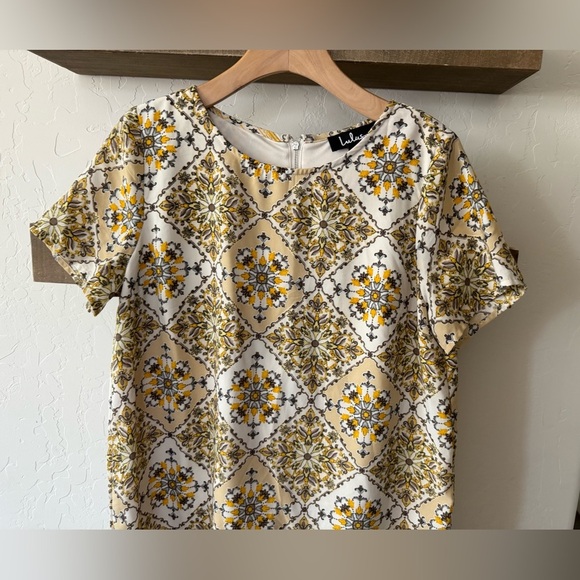 Lulu's|Dandy lion short sleeve patterned shift dress in mustard yellow•••boho - Picture 6 of 14